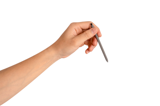 Hand using stylus pen isolated on transparent background.