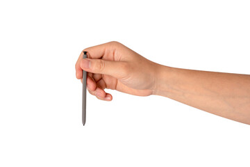 Hand using stylus pen isolated on transparent background.