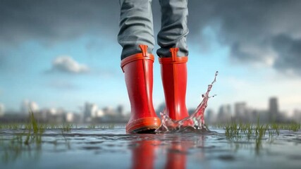 Rainy Day Adventure: Capturing a moment of carefree joy, the image showcases vibrant red boots splashing playfully in a puddle.