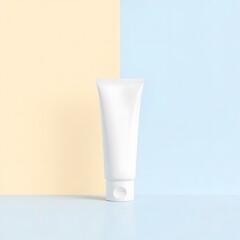 Glass of milk on white background with a blank cosmetic cream bottle