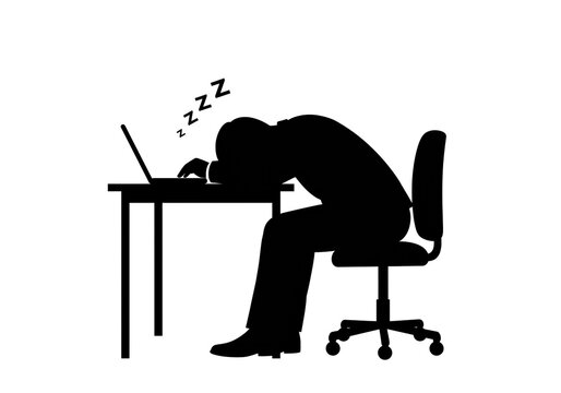 Silhouette of a sleeping man in a suit at a desk with a laptop and a chair with zzz above his head