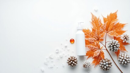 Minimalist autumn skincare concept with white bottle, fall foliage, decorative pinecones and abstract white fragments