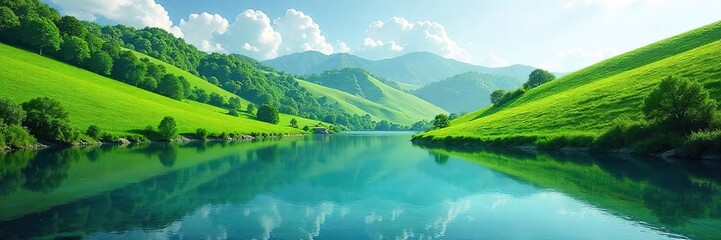 Obraz premium Serene Rolling Hills meet Crystal Lake A Breathtaking Landscape of Untouched Nature, Perfect for Travel and Environmental Projects