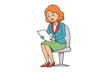 Worried businesswoman sitting on chair reading document with concerned expression and red high heels