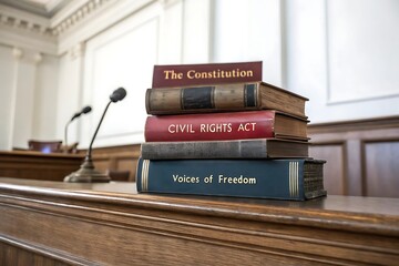 Stack of law books in a courtroom setting indoor