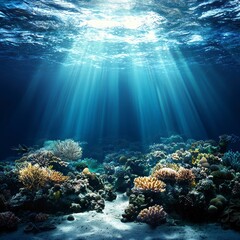 Obraz premium Stunning Underwater Scene Sunbeams Illuminate Vibrant Coral Reef