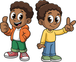 Cartoon Kids Giving Peace Sign and Thumbs Up Front View, Happy Expression, Colorful Outfits, Fun Children Character Illustration, Vector Design Template