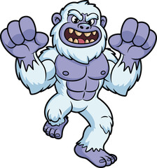 Muscular Cartoon Yeti Character Front View, Fierce Blue Monster Illustration, Powerful Fantasy Creature Artwork, Action Pose Drawing, Vector Design Template