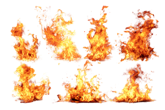 Collection of fire flames isolated on black background - Powered by Adobe