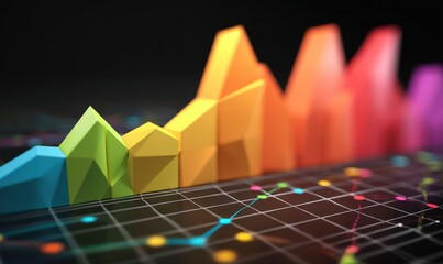 Colorful polygonal bar graph with line graph on a grid against a black background in a studio shot