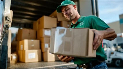 Courier's Daily Grind: A focused courier carefully handles a package, ensuring its safe transport within a delivery truck amidst a busy urban backdrop. - Powered by Adobe