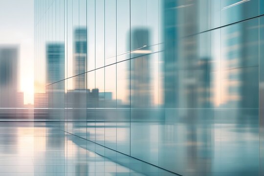 Modern office building glass windows with city skyline blurred background