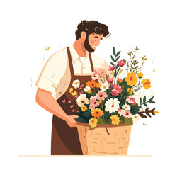 a florist man in apron arranging flowers in a basket