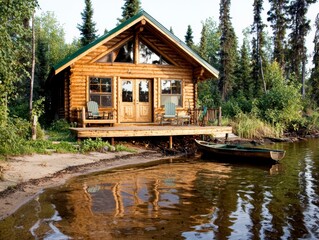 Obraz premium Secluded Log Cabin Lakeside Retreat Peaceful Getaway