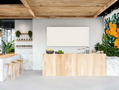 Minimalist Interior Mockup of a modern Thai cooking studio with stainless steel countertops and a blank digital recipe display screen, Photography Culinary Technology and Innovation Modern Kitchen