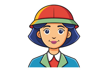 A cheerful cartoon girl with blue hair wearing a colorful bucket hat and a stylish jacket smiles brightly against a white background