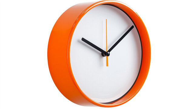 An orange round clock displays the time against a clean white background in a studio setup, showcasing simplicity and modern design.