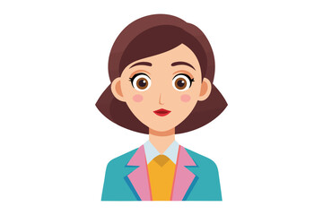 Friendly cartoon woman with brown hair wearing a teal and pink blazer over a yellow shirt and white collar smiling warmly