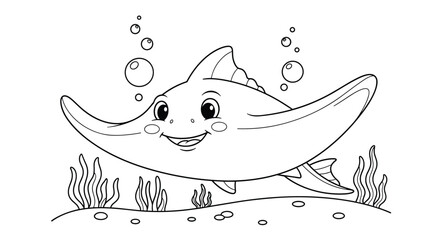 Fototapeta premium Adorable cartoon manta ray swimming happily amongst bubbly ocean plants and sandy seabed creating a cheerful underwater scene