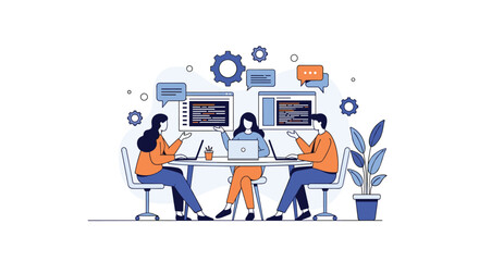 Fototapeta premium Team Collaboration and Project Management in a Modern Office Setting with Digital Interfaces