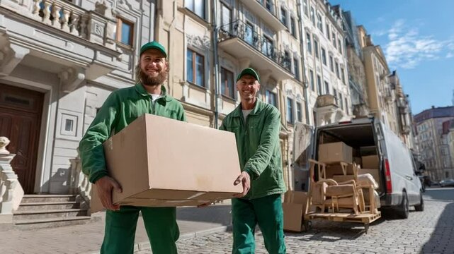 Moving Day: Two professional movers in a vibrant urban setting, carefully transporting a cardboard box as part of a relocation service. The scene radiates energy.