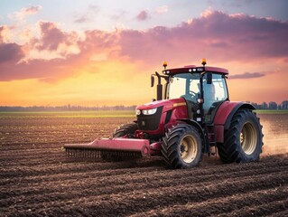 Fototapeta premium A red tractor cultivates an expansive farm field at sunset, dust rising as the machinery moves through the rich soil, while the sky displays hues of orange and purple in the evening light.