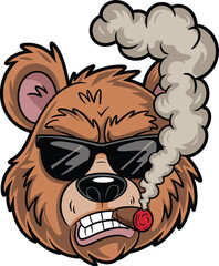 Cool Bear Smoking Cigar Wearing Sunglasses Front View, Cartoon Style Vector Illustration, Fierce Expression, Trendy Animal Character Design Template