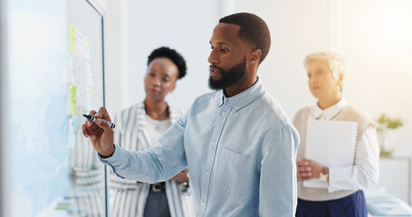 Businessman, writing and schedule planning with team on glass board for reminder, project or tasks....