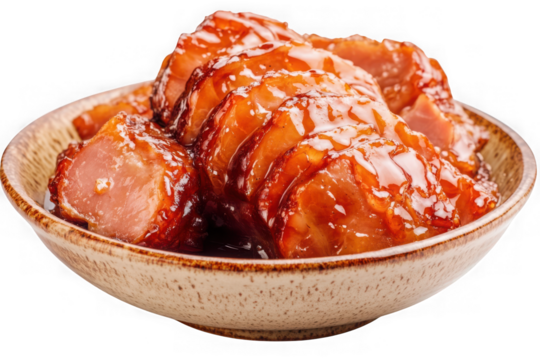 Delicious char siu pork slices in bowl, cantonese barbecue meat, chinese cuisine, asian food, gourmet dish, isolated on transparent background