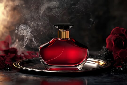 Sophisticated elegance with a red perfume bottle atop a metallic tray.