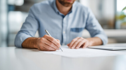 Business professional completing paperwork with focus and attention to detail
