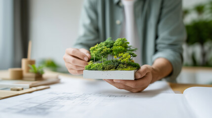 Business professional presenting sustainable development concept with miniature green landscape model