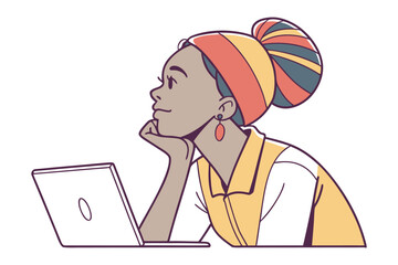 Stylized illustration of a thoughtful black woman with a colorful headwrap and earrings resting her chin on her hand while looking at a laptop