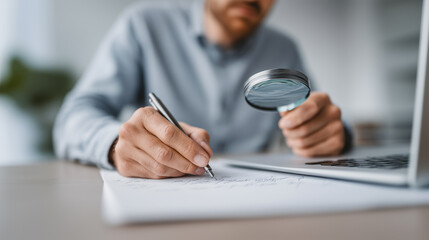 Business analyst conducting detailed document review with precision tools at workplace