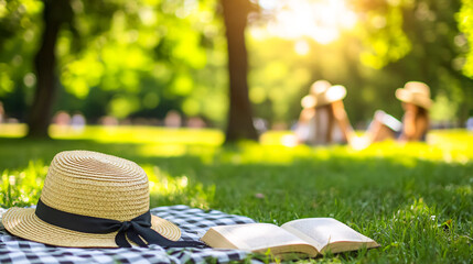 Enjoying a sunny picnic with a book and straw hat on a checkered blanket in a grassy park, perfect for summer relaxation