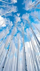 Upward View of Snowy White Trees in Winter Forest with Blue Sky