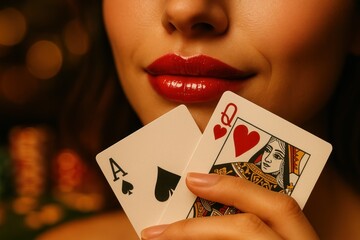 Close Up of Woman Holding Poker Cards, Red Lips