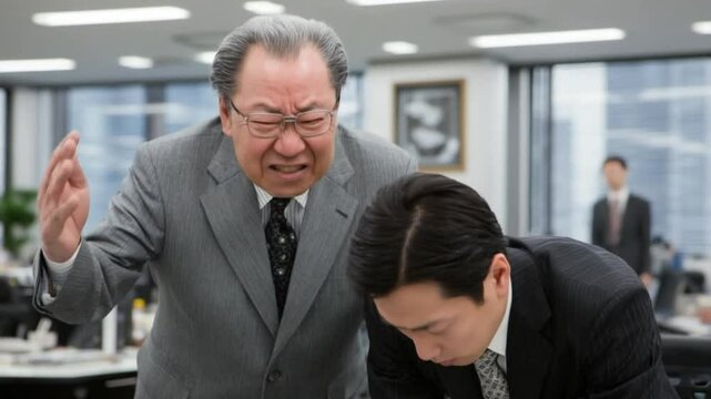 Frustration in the Workplace: An intense workplace confrontation unfolds as a stern leader berates a subdued employee in a bustling office environment.