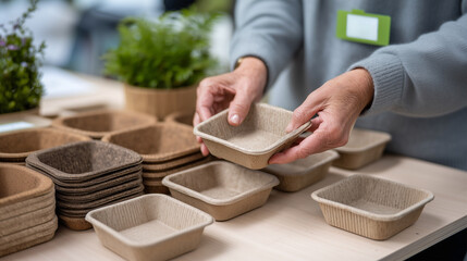Eco-friendly food containers displayed at sustainable product exhibition table