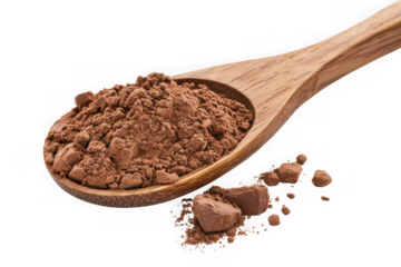 Cocoa powder in wooden spoon, baking ingredient, chocolate flavor, cooking and recipe element stock photo isolated on transparent background