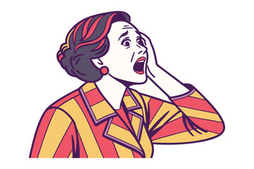 Retro woman in striking red yellow and purple jacket expresses shock and disbelief with hand to face