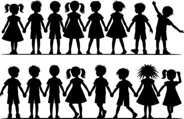 Happy kids silhouettes. Silhouettes of two group of happy kids holding hands, isolated on transparent background. EPS 10 version.