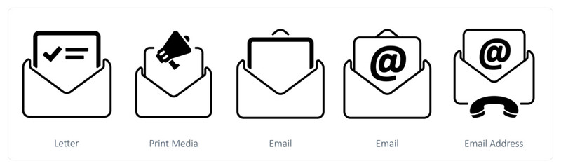 A set of 5 mix icons as letter, print media, email 