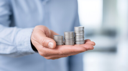 Businessman holding stacked coins representing financial growth and investment success
