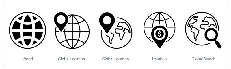 A set of 5 mix icons as world, global lcation, location