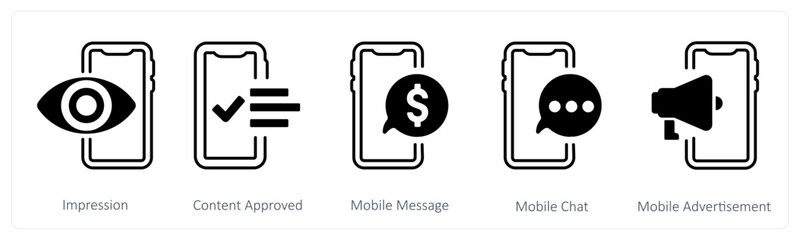 A set of 5 mix icons as impression, content approved, mobile message