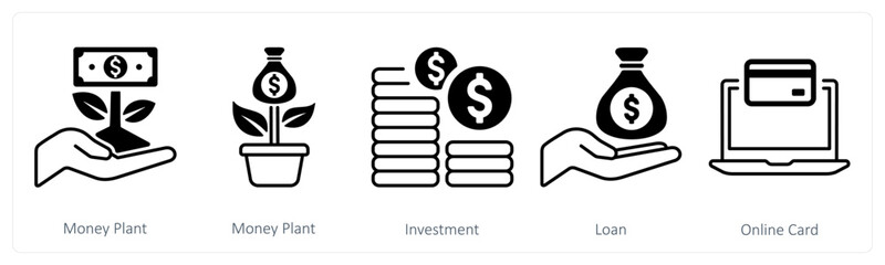 A set of 5 mix icons as money plant, investment, loan