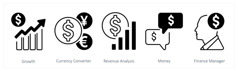 A set of 5 mix icons as growth, currency converter, revenue analysis