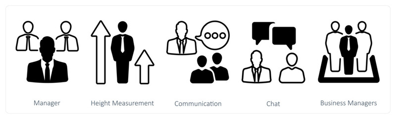 A set of 5 mix icons as manager, height measurement, communication