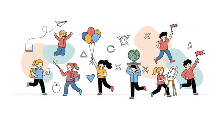 Fototapeta premium Diverse group of enthusiastic children celebrating education and exploration with various objects and symbols of learning joyfully participating in activities